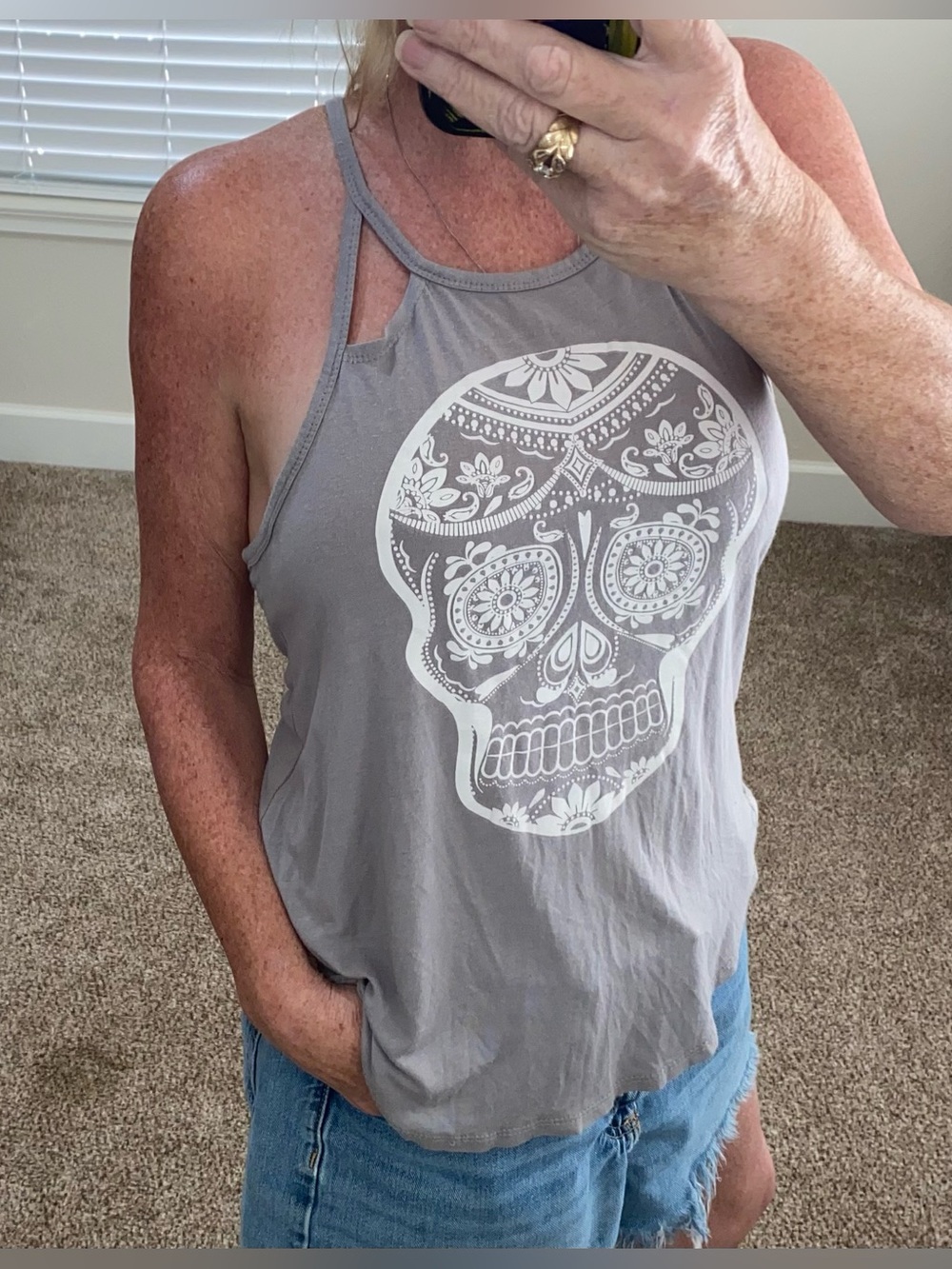 Rue21 Gray Halter Tank with White Sugar Skull Graphic